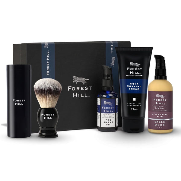 Set of 4 Shaving Kit, Pre Shave Oil 50ml, Aqua Shaving Cream 75g, Eaglewood After Shave Balm 100ml & Black Ashford Synthetic Faux Badger Super Soft Hair Shaving Brush With Holder